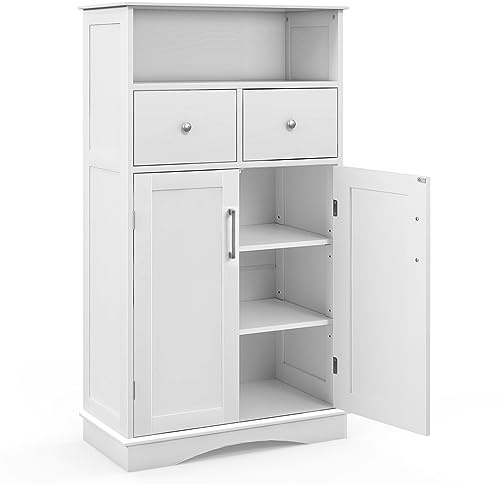 COSTWAY Bathroom Floor Cabinet, Freestanding Storage Cupboard with Double Door and Adjustable Shelves, Wooden Side Cabinet Organizer Unit for Bathroom Living Room Hallway (White, Open Shelf+2 Drawers)