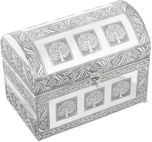 DRW Portagioie baul albero della vita in metallo in argento 18x25x15 cm