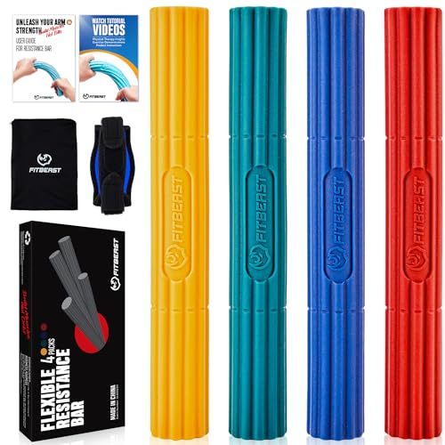 FitBeast Handübungsstangen für die physikalische Therapie - lindern Sehnenentzündungsschmerzen und verbessern die Griffstärke, Verletzungserholung, Unterarm (4er-Set - Gelb Grün Blau Rot)