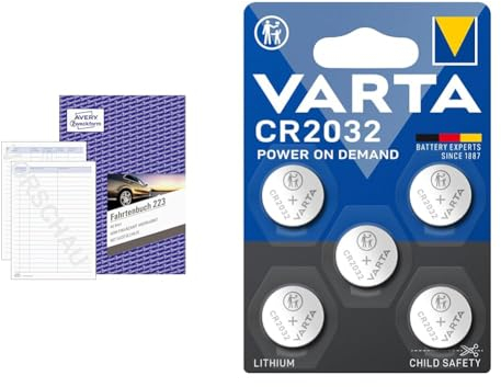 AVERY Zweckform 223 Fahrtenbuch & VARTA Batterien Knopfzellen CR2032, 5 Stück, Power on Demand, Lithium
