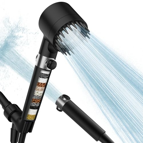 PWERAN Filtered Shower Head with Handheld, High Pressure 3 Spray Mode Showerhead with 18 Stage Water Softener Filters for Hard Water - Remove Chlorine-BLACK