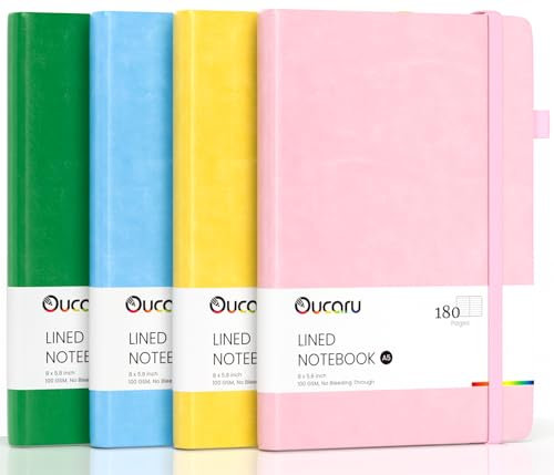 Oucaru Lined Journal Notebook, 4 Pack, 180 Pages, A5 Journals for Writing, 100 GSM Thick Paper, Small Notebooks Daily Journal for Women Men Work, Business, School, Travel Supplies