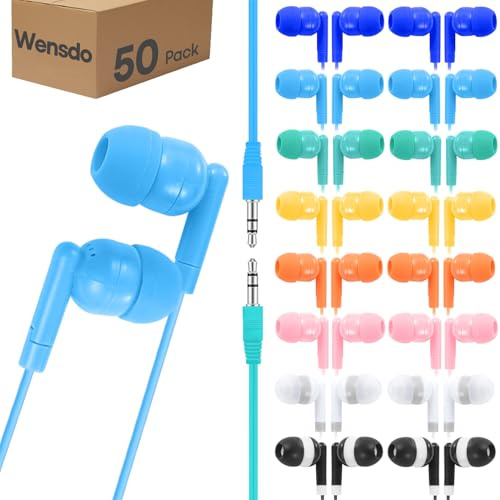 Wensdo 50 Pack Bulk Kids Earbuds for School Classroom Library, Student Wired Earphones with 3.5 mm Jack Multi Colored Earphones for Computer Chromebook Laptop PC (HY01,50 Mixed)