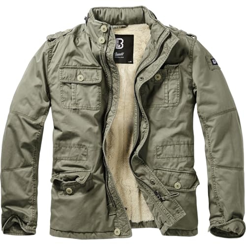 Brandit Individual Wear Men's Sherpa-Lined Cold-Weather Casual Outdoor Classic Field Jacket w/Stand-Up Collar & Hidden Hood, Olive, 6X-Large