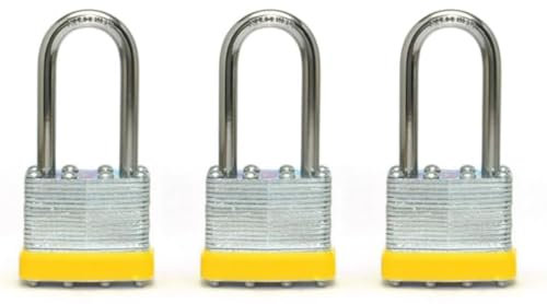 Kit 3 Lucchetti con Arco Lungo 50 mm – Stessa Serratura con 3 Chiavi | Acciaio Laminato Verniciato Giallo | Lucchetti Resistenti per Cancelli Porte Casseforti Cantiere e Casa 181503