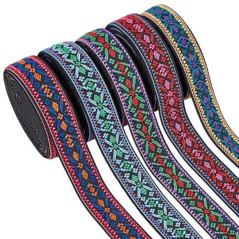 BENECREAT 5 colori Nastro Elastico Jacquard Fiore Vintage, Fascia Elastica Ricamata Etnica Da 20mm per Decorazioni di Abbellimenti di Accessori per Abbigliamento Fai Da Te