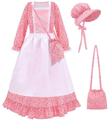Meland Pioneer Dress for Girls - Colonial Floral Costume with Bonnet, Apron & Purse, Pionner Outfit for Girls 9-10 Years