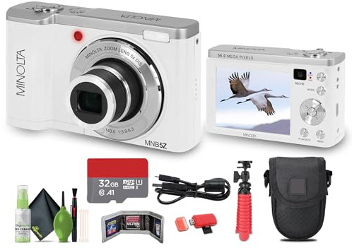 Minolta MNB5Z 56MP Dual Lens Point & Shoot Digital Camera with 5X Optical Zoom & 5K Ultra HD Video Bundle with 32GB Memory Card + Vlogger Tripod + Bag + 6Ave Cleaning Kit + More Accessories (White)