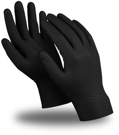 MANIPULA PROTECT Black Nitrile Diamond Grip Gloves Extra Strong Thick Powder & Latex Free Multi-Purpose Mechanic of 50 (200, S / 7)