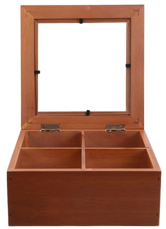 Healeved Boîte De Rangement En Bois Pour Bibelots Vitrine En Verre Pour Bijoux Et Petits Objets De Collection – Organiseur Rustique Pour Sachets De Thé À 4 Compartiments – Coffre À