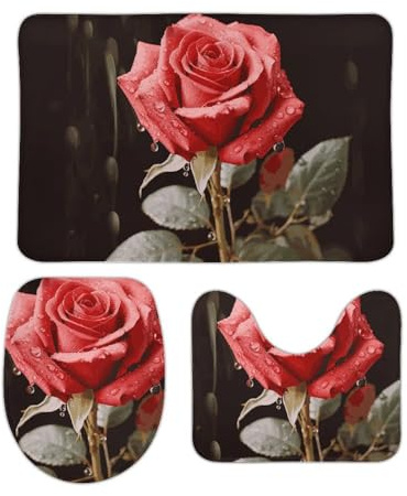 Juego De 3 Alfombrillas De Baño Flower Roja Y Amor Alfombra De Ducha Lavable Absorbentes Alfombras De Cama, para Dormitorio, Cocina, Bathroom