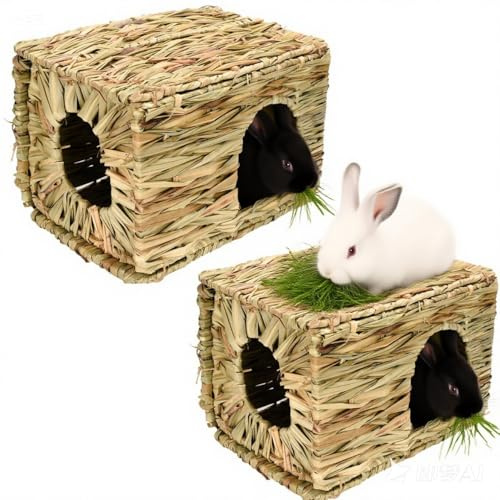 Grass House for Rabbits,Sangle Sopffy,Hand Woven Bunny Grass House,Natural Grass Hideaway for Bunny Guinea Pig Chinchilla Ferret Hamster Squirrel with Rabbit Chew Toys (2 Pack, 14.5*11.4*10.2inch)
