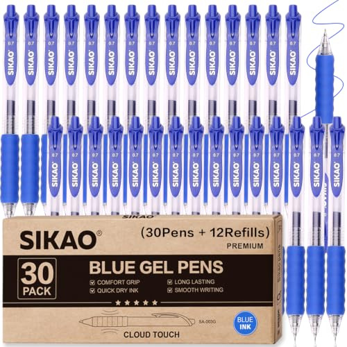 Sikao Bolígrafos Gel Azul 30 Unidades, Punta Fina 0.7mm, Bolígrafo Retráctil Sin Manchas, Agarre Ergonómico CLOUD TOUCH, Bolígrafo Gel para Oficina, Escuela, Profesores y Camareros, Pens