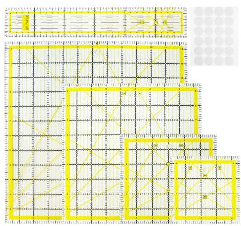 Kryndle Quilting Rulers Set of 6, Acrylic Sewing Ruler, 24 Pcs Non-Slip Silicone Grips, Transparent Design, Metric Quilting Ruler for Cutting, Sewing, Patchwork DIY Crafts