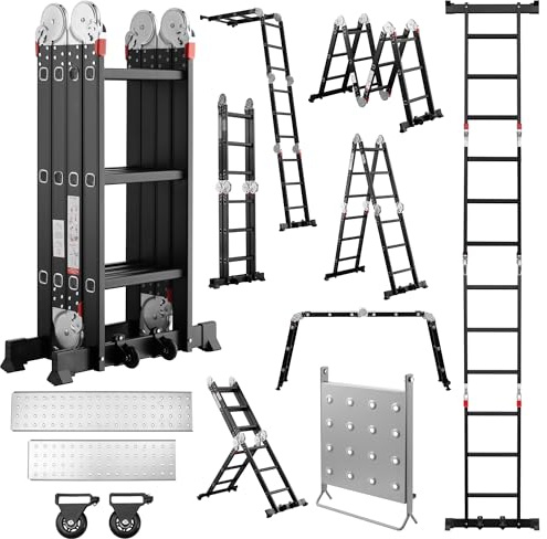 TEENO Échelle Multifonction 7 en 1, 3.6 M, 4x3 Marches, Échelle Pliante en Aluminium avec 2 Plateformes, Support de Travail pour Échelle, Pieds en Caoutchouc, 2 Roues Amovibles, Charge 150 kg, Noir