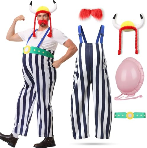 Cheffery Disfraz de Hombre Galo, Traje a Rayas Azul-Blanco, Personaje Redondo con Almohadilla en el Abdomen, Sombrero Vikingo y Barba Roja, Disfraces de Carnaval para Hombres (XL)