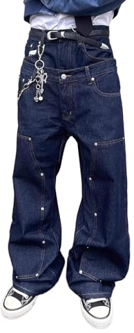 Jeans da Uomo con Cintura Doppia alla Moda Primaverile, vestibilità Rilassata, Patchwork con Rivetti Streetwear Jeans a Gamba Larga Rivetti Y2K Stile Hip-Hop Anni 2000 (Blu Scuro,M)
