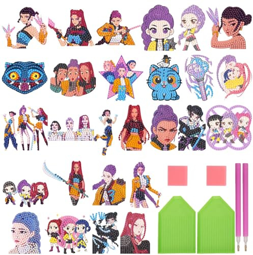 COQOYO Huntrix Diamond Painting Children's Sticker Set, 27 Pieces Demon-Hunters 5D Diamond Painting Pictures, Anime Mini Diamond Stickers, Small DIY Mosaic Craft Kit for Girls, Teenagers, Adults