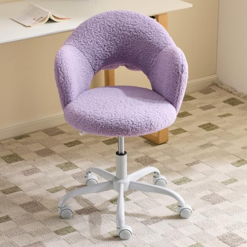 Karl home Swivel Vanity Chair Dressing Table Chair, Purple Office Chair | Ergonomic Backrest Design | Decorative & Functional Lumbar Pillow | Adjustable Height | 360° Swivel | Faux Shearling Fabric