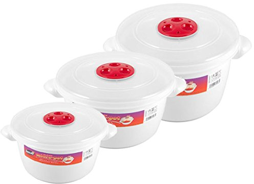 bs Pack of 3 Microwave Heating Food Cooking Pot Container with Ventilated Lid 1.5L, 2L & 3L