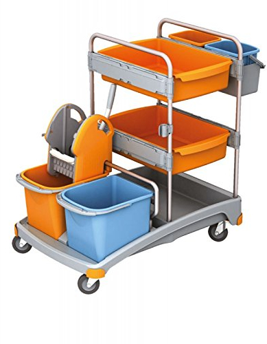 Carro de limpieza Splast con{4} cubos, escurridor fregona, plástico base y cestos{2}