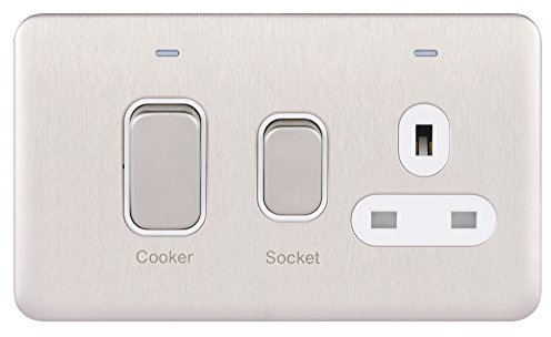 Schneider Electric Lisse Screwless Deco - Switched Cooker Control Unit with 13 A Single Socket and Neon Indicator, 45 A, GGBL4001WSS, Stainless Steel with White Insert