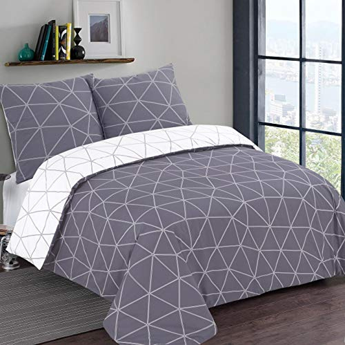 Vision - Parure de lit Réversible - 100% Coton Flanelle - Hugo Gris/Blanc - Housse de Couette 260 x 240 cm avec 2 taies d'oreiller pour lit 2 Personnes Kingsize - Flanelle: Doux et Chaud - Oekotex