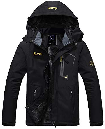 R RUNVEL Waterproof Coats for Men Winter Coats Warm Fleece Jackets with Hood for Outdoor Hiking Ski Camping Walking Snow Work Mountain Fishing Hunting Black UK XL