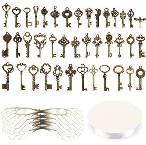 SANNIX 40 Stück Vintage Skelett Schlüssel Fliegende Schlüssel Charms, 40 Libellenflügeln, 30m Elastische Kristallschnur, für DIY Hochzeitsparty-Dekorationen