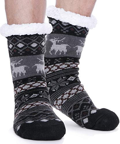 EBMORE Kuschelsocken für Herren Dicke Stoppersocken Warme Wintersocken Hüttensocken Geschenke für Männer Weihnachten Christmas Socks Weihnachtssocken Hausschuhe Socken(Schwarzer Hirsch)
