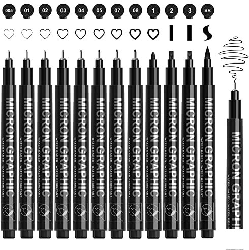 SAKEYR Black Fineliner Pens, 12 Pack Drawing Set for Artist, Waterproof & No Bleed Through for Technical Drawing, Sketching, Writing, Illustrations. Art Pens Used in Watercolour Line