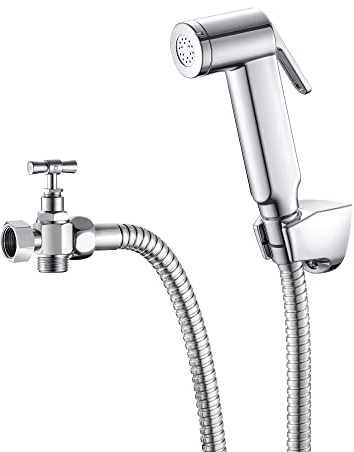 Rousseau Kit doccia WC completo per WC in ABS con doccetta, flessibile in metallo 120 cm, supporto e rubinetto a 2 vie, cromato