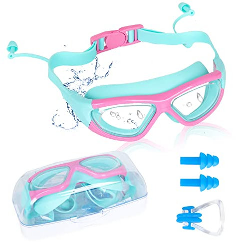 Schwimmbrille, Unisex Antibeschlag Schwimmbrillefür Kinder Taucherbrille mit Ohrstöpseln, Nasenclip, UV-Schutz Weitsicht-Kinderbrille für Kinder, Jungen, Mädchen(Rose)