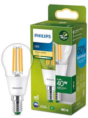 Philips Ultra Efficient - Ultra energy saving lights, LED light source, 40W, P45, E14 Candle Warm White 2700 kelvin, clear