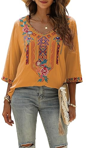 Vakakado Hippie Vêtements Dames Bohème Folklore Broderie Blouse Manches 3/4 Col V Tunique D'été Haut Décontracté(328,Couleur Orange,2XL)