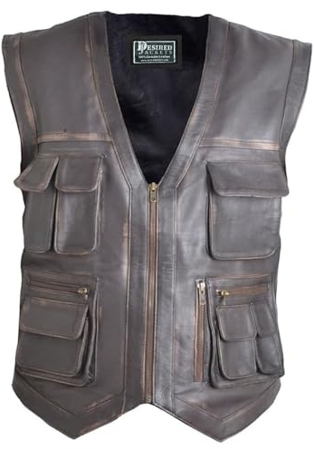 Desired Jackets Men's J World's Chris Pratt Owen Grady Brown Vest JW Adventure Chris Pratt Motorcycle Leather Biker Vest Jurrasic Park Vest (3XL, Distressed Black)