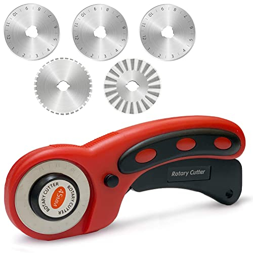 Cuter Rotatori Cúter de Cuchilla Circular Cúter Rotativo con 5 Cuchillas de 45mm Cortador Giratorio con botón de bloqueo Rotary Cutter para Tela Patchwork Costura Manualidades Papel Kraft o Cuero