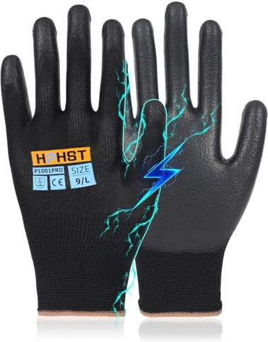 HPHST P1001 ESD-PU Antistatiska handskar och pekskärm, rengöringshandskar (svart (12 par), XL)