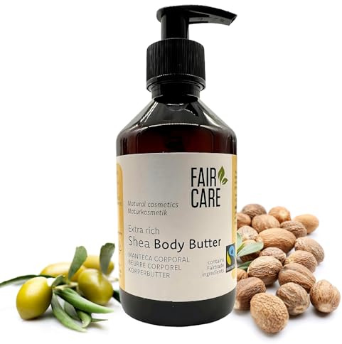 FAIR CARE Körperbutter mit Sheabutter 240 ml mit Pumpspender - feuchtigkeitsspendende Creme - Fairtrade Body Butter für trockene Haut - Natürliche Inhaltsstoffe