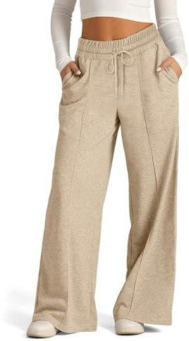 EIRUKON Pantalon Jogging Femme Large Pantalon Sport Baggy Jogging Taille Haute Pantalons Droit Décontracté Pantalons de Training Yoga avec Poches et Taille Élastique,Kaki,L