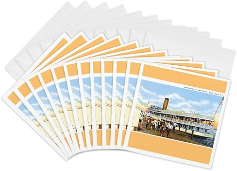 3dRose Greeting Cards - Boat Landing at New Harbor, Block Island Rhode Island - 12 Pack - BLN Vintage US Cities and States Postcards