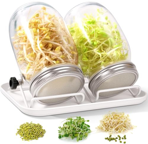FoiiLiio Bocal de Germination, 2 x 1000ml Bocal de Germination de Graines, 2 Couvercle à Grille en Acier Inoxydable, 2 Support, 1 Blanc Plateau, kit de Bocal à Germes pour Brocoli Haricots Verts