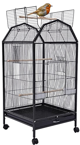 FONSOLUM 40-Inch Wrought Iron Bird Cage with Open-Top and Rolling Stand, Movable Parrot Cage Pet Bird Flight Cage, 360 Degree View Spacious Interactive Roof Pet Bird House for Medium&Small Birds