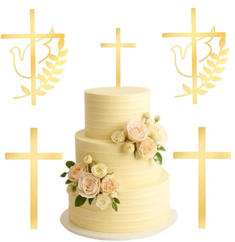 ZMDMAH 4 Pezzi Accessori per Torte a Croce Dorata, Decorazione per Torte di Compleanno, Decorazione in Acrilico per Cupcake Battesimo dei Bambini, Celebrazione e Festa a Tema