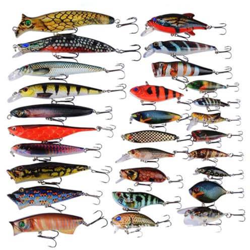 Roseflower Kit di Esche da Pesca 28 Pcs, Set di Esche Dure in Plastica ABS con Occhi Bionici 3D e Sfera Interna, Minnow di Varie Dimensioni e Vibrazioni - Set di Attrezzi da Pesca