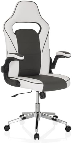 MyBuero sedia girevole da gioco con braccioli pieghevoli GAME SPORT PRO sedia da ufficio sportiva in ecopelle, imbottita, bianco/grigio scuro