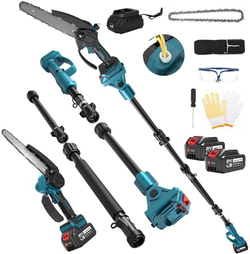 Mini motosega a batteria 2 in 1 con 2 batterie da 4,0 Ah, sega a catena da 8 pollici, senza spazzole con asta telescopica, allungabile fino a 4,5 m, per taglio di alberi, potatura e cura del giardino