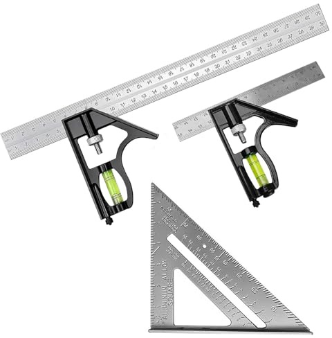 Square Carpentry Metal Set, 3Pcs Combination Square Tools with Bubble Level, 150mm + 300mm + 7 Inch Multifunctional Right Angle Ruler Set Measuring Tools for Woodworking Engineers Woodworkers