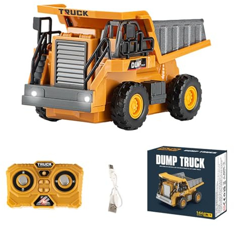DUKUSEEK 1/64 RC Dump Truck, Mini RC Construction Vehicles with Metal Bed, Lights & Type-C Built-in Battery Remote Control Toys Gifts