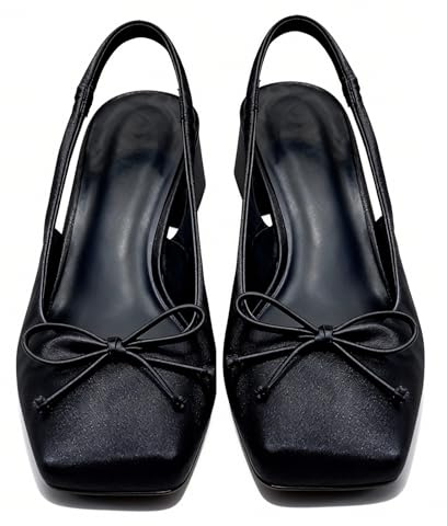 Satin Ballet Heels for Women slingback Square Toe bow heels Chunky Heel Ballerina Pumps with strap maryjane wedding flats for bride Elegant Party Shoes (Black, Adult, Women, 9, Numeric, US Footwear Size System, Medium)